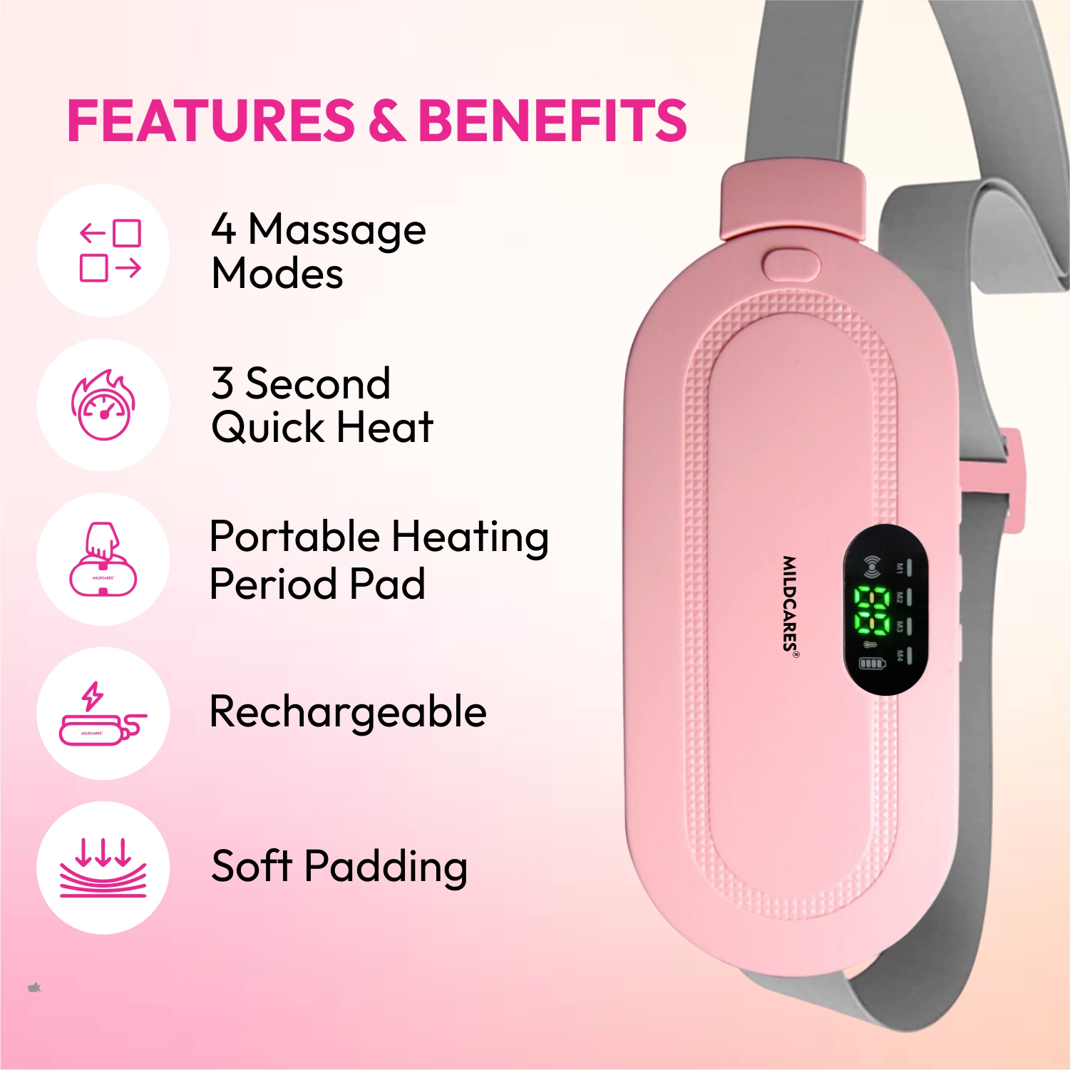 Mildcares Period Pain Relief Massager With Heating Pad | Cordless Menstrual Cramp Belt